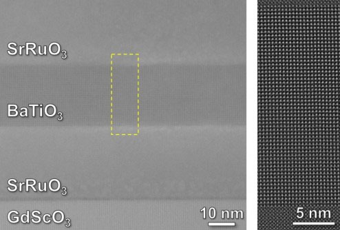 電子顯微鏡圖像顯示，鈦酸鋇薄膜被夾在釕酸鍶金屬層之間，形成了一個微小的電容器＂border=